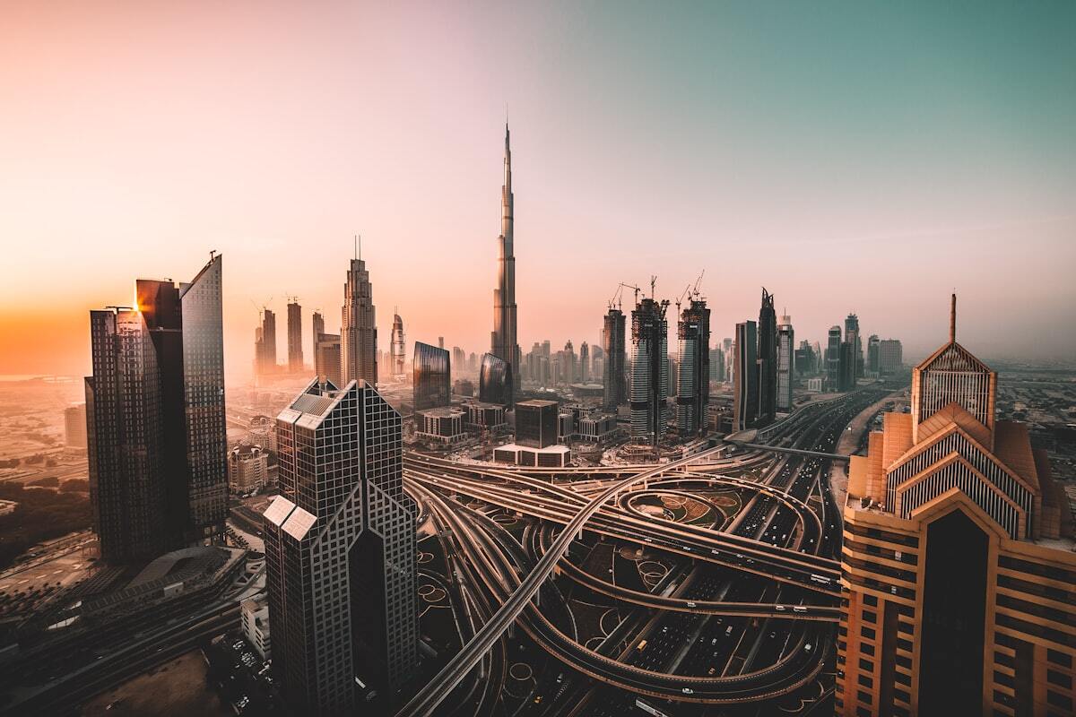 Dubai skyline with the Burj Khalifa at golden hour